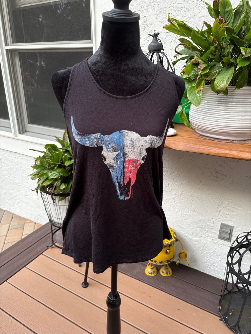 Bear Dance Black Tank Top with Distressed Red, Blue & White Longhorn Skull